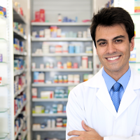 pharmacist in front of stocked shelves